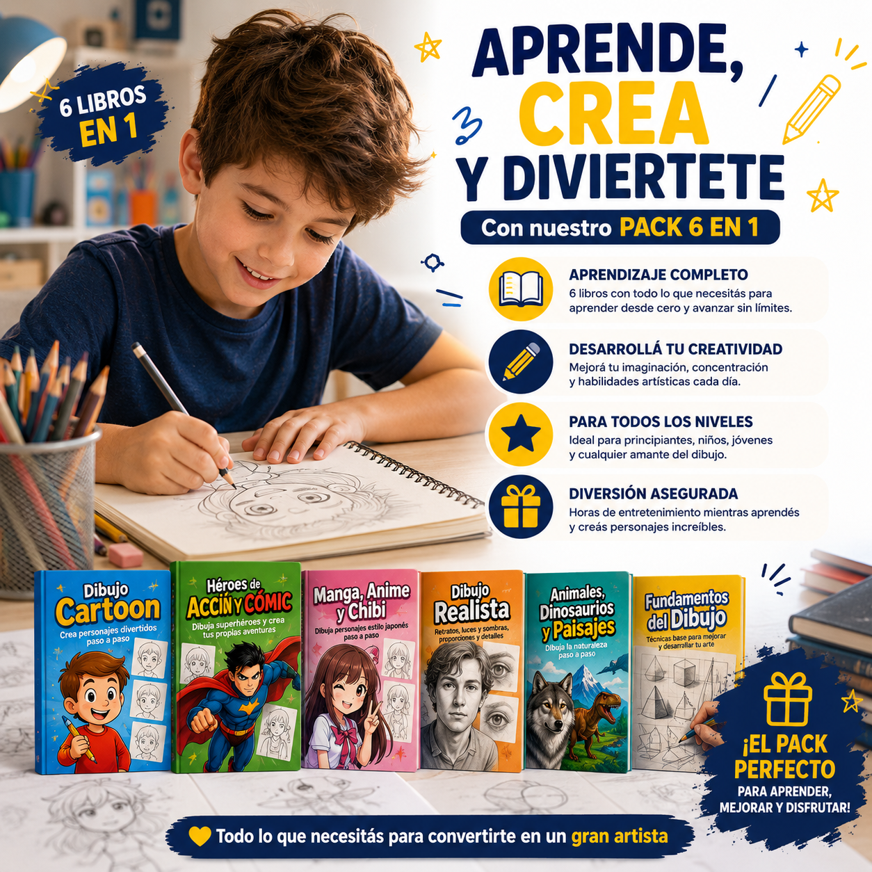 MEGA PACK 6×1: Todo lo que tu hijo necesita para aprender a dibujar como un verdadero artista.