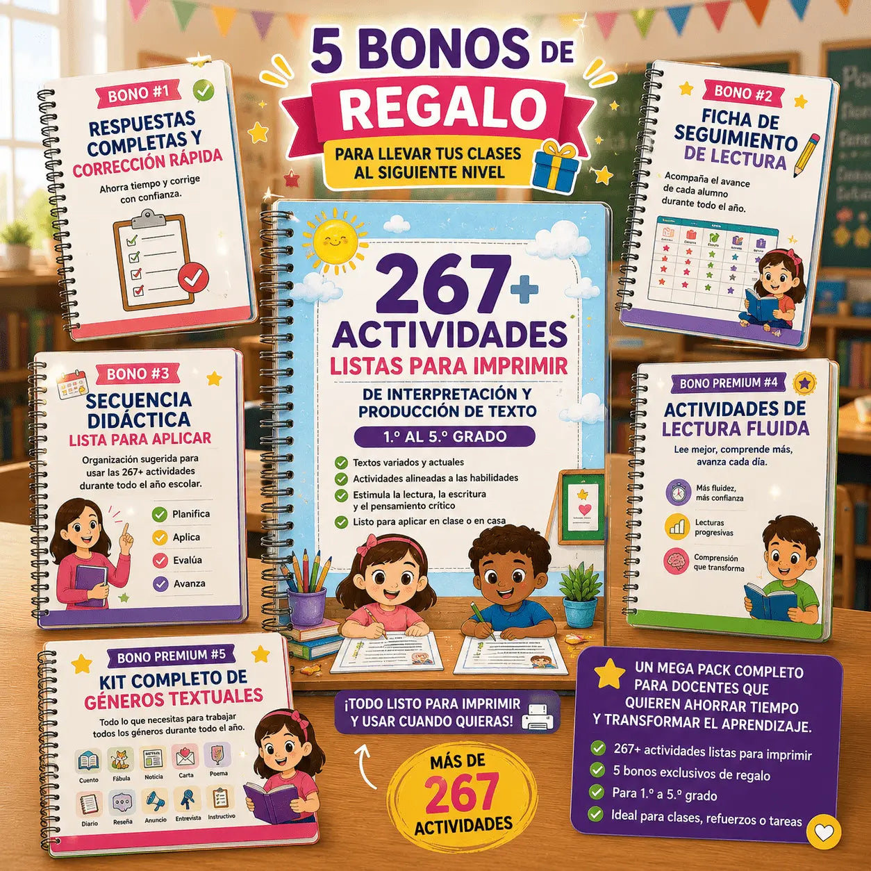 Basta de Improvisar Clases — 267+ Actividades Listas para Imprimir + 5 BONOS GRATIS